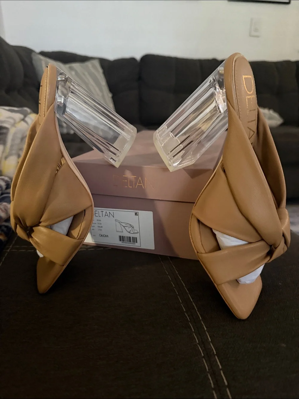Deltan Tan Knotted Slide Heel with Clear Block